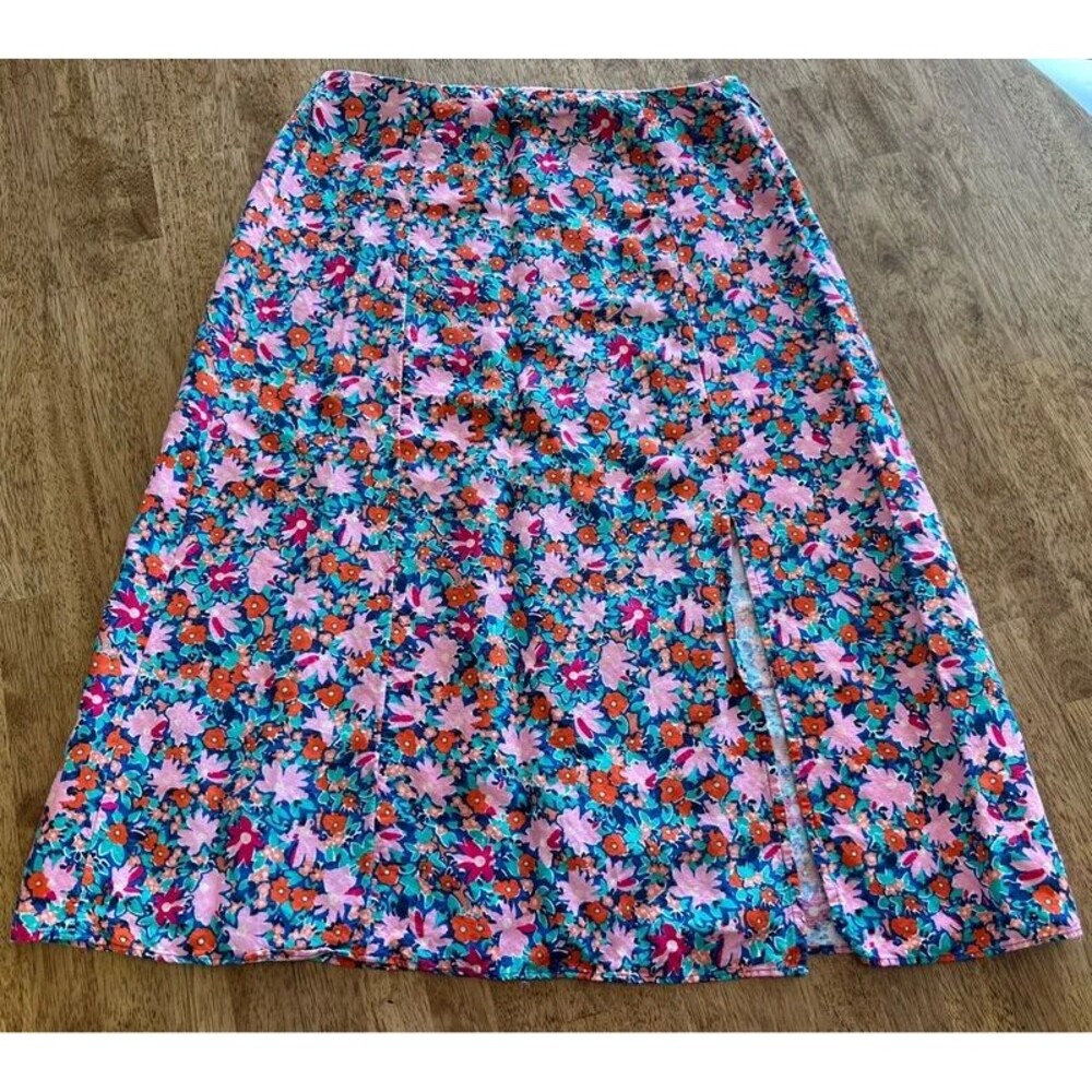 LOFT Petite Floral Linen Blend Midi Skirt Pink Blue A-Line 4P